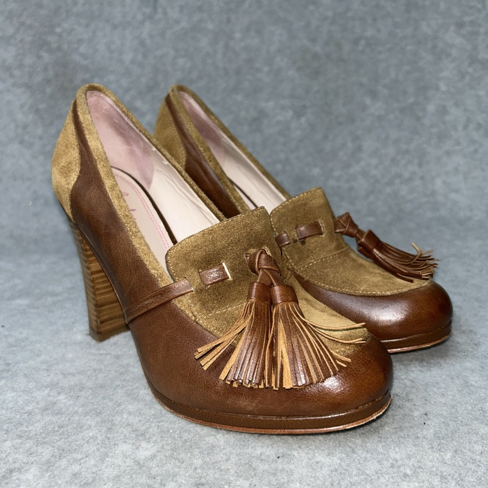 Plenty by Tracy Reese Brown Leather Suede High Heel Loafer Pump 7.5 EU 38 Retro